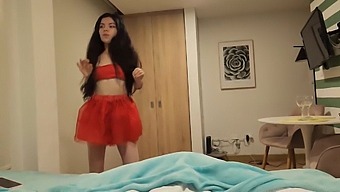 Stunning Brunette In Red Skirt And Without Panties Desires A Christmas Present Of Intense Sex