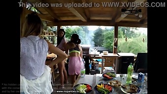 Group Sex With Shaved Pussy Women In Skirts At A Barbeque Party Outdoors